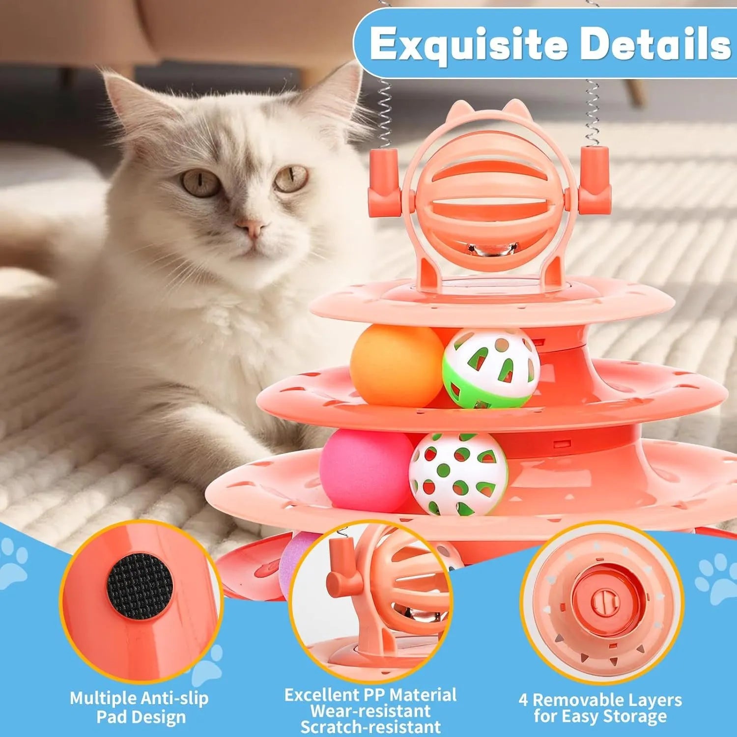 Blue 4-tier interactive cat puzzle toy with balls and teasing rods
