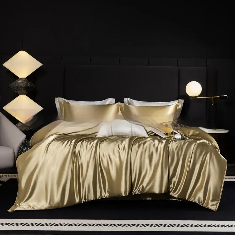 Silk bed sheets four-piece set in solid colour with flat sheet, fitted sheet and two pillowcases