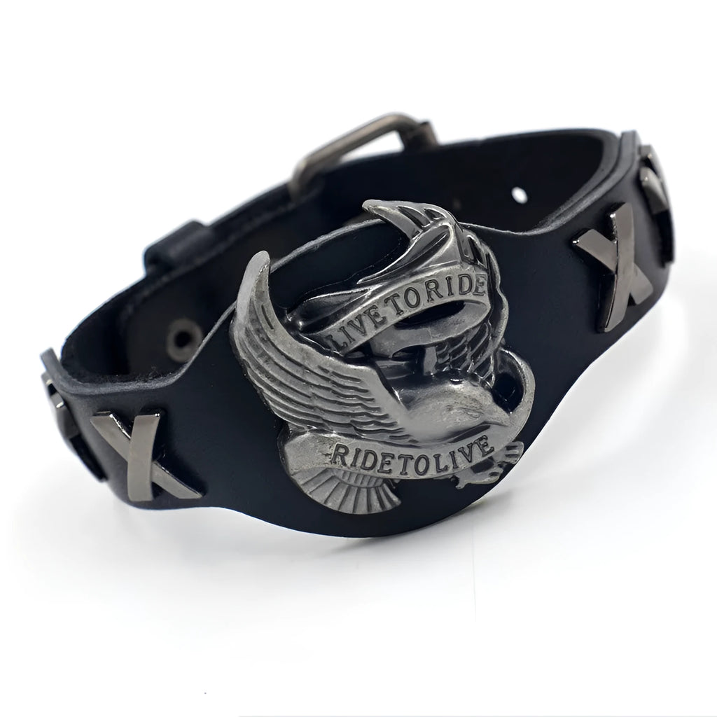 Black leather geometric bracelet with alloy eagle watch-butttom closure, showing varying widths along 26cm length