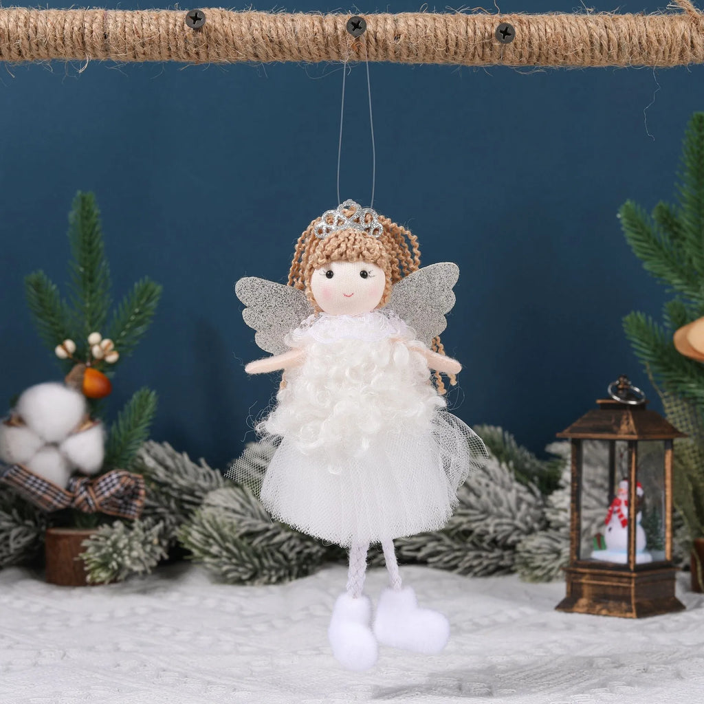 Fabric Christmas angel girl pendant hair accessory for a high ponytail in white, pink, and khaki