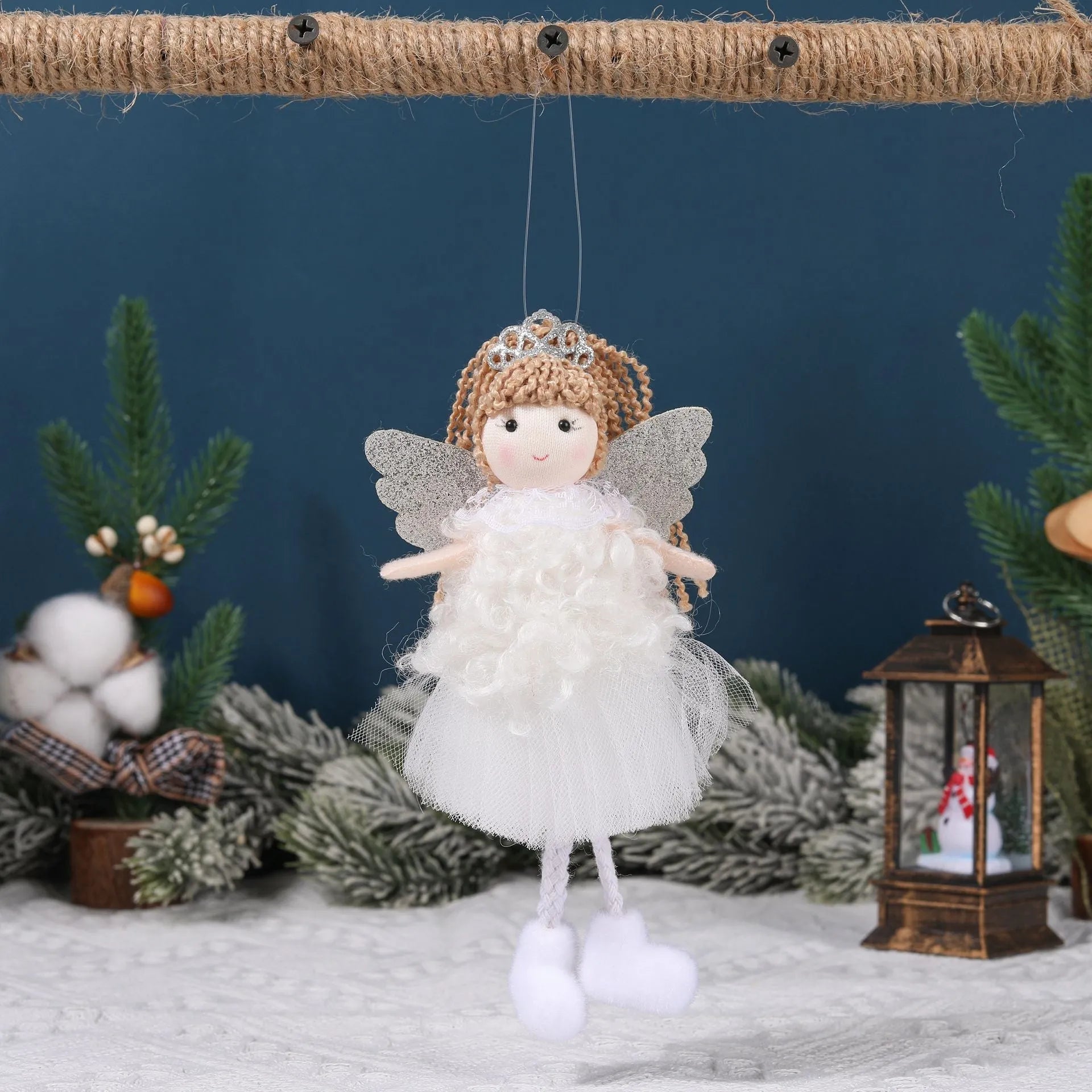 Fabric Christmas angel girl pendant hair accessory for a high ponytail in white, pink, and khaki