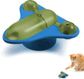 Interactive pet puzzle toy with blue snack cabin, bell, and catnip pouch attached with suction cups.