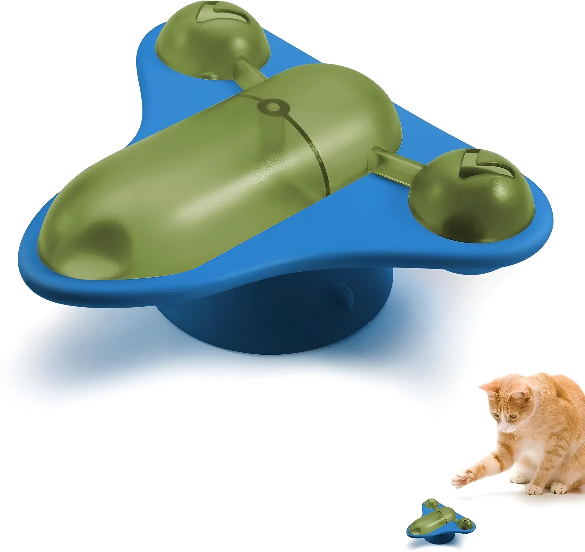 Interactive pet puzzle toy with blue snack cabin, bell, and catnip pouch attached with suction cups.