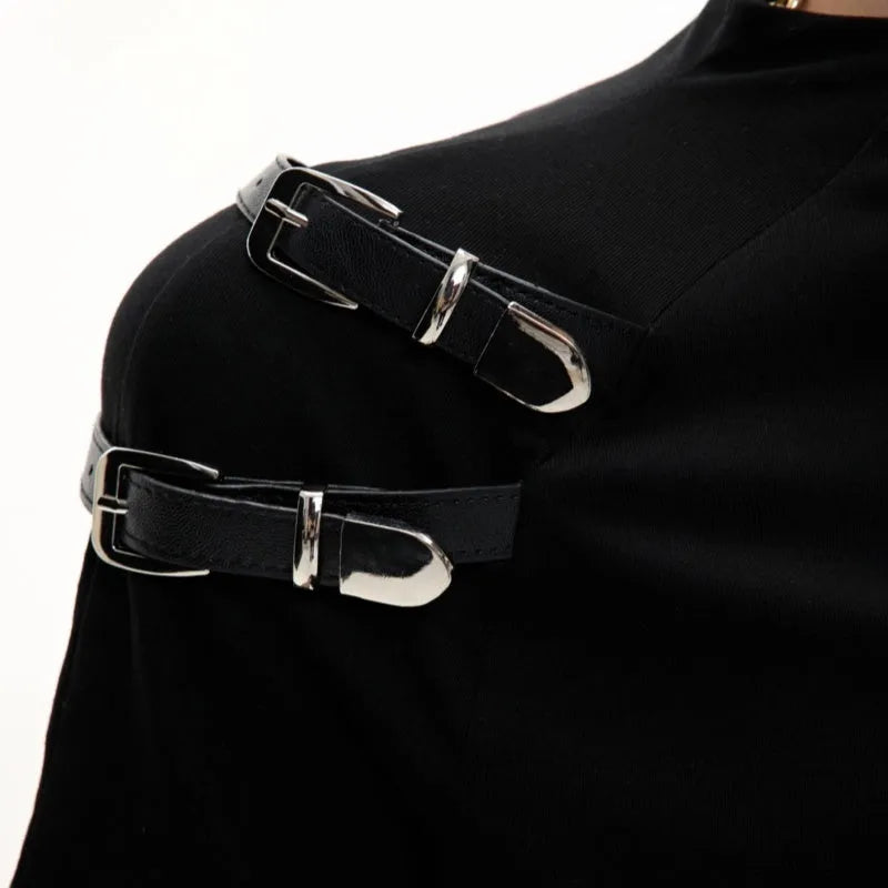 Men's black slim-fit cotton T-shirt with a small stand-up collar and decorative metal belt detail.