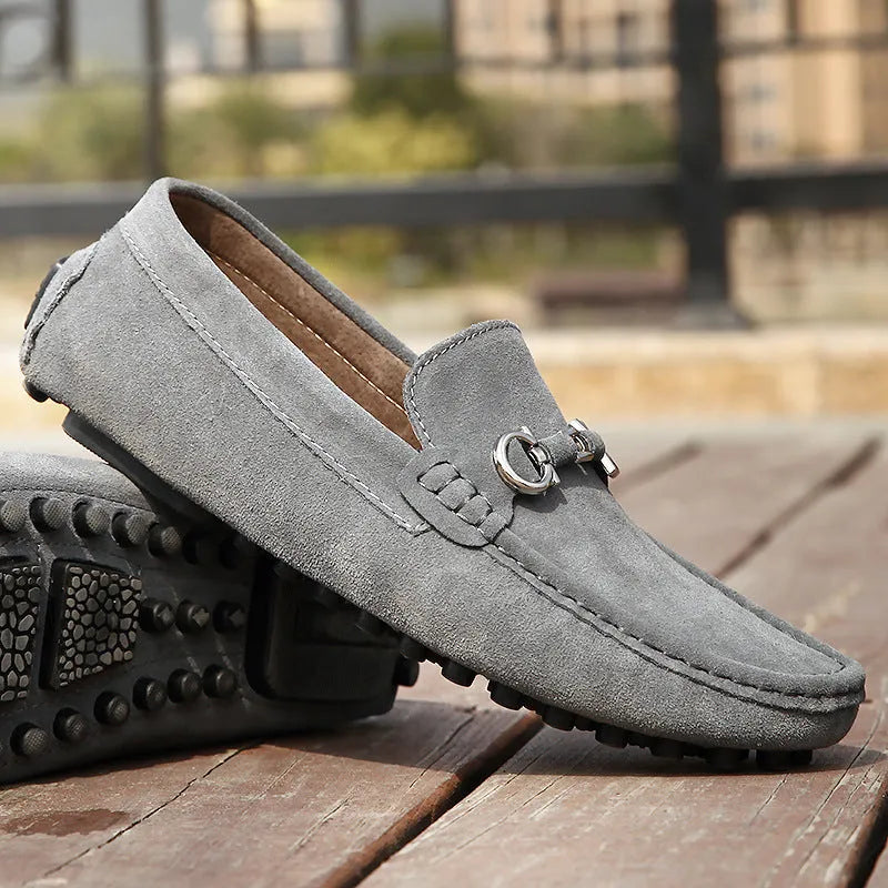Men's black slip-on cowhide leather shoes with square toe and decorative stitching
