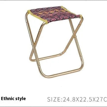 Black folding stool with ethnic pattern, made from 7075 aluminium alloy, shown in folded and unfolded states.