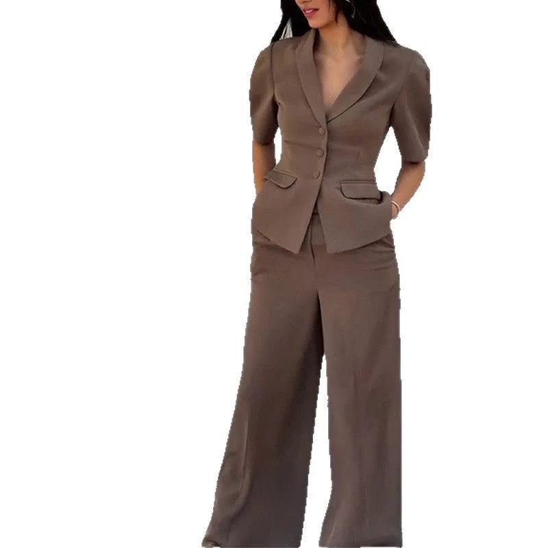 Brown slim fit waist formal suit set with jacket and trousers on hanger