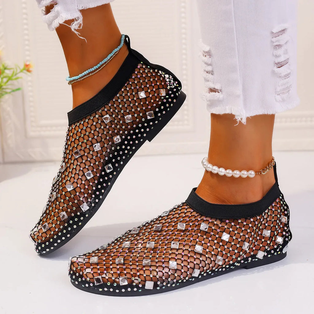 Women's mesh flat sandals with colourful rhinestone decoration on round toe design
