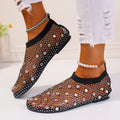 Women's mesh flat sandals with colourful rhinestone decoration on round toe design