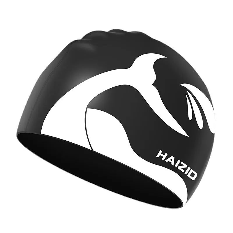 Silicone swim cap with whale tail pattern and waterproof ear protectors in multiple colour options