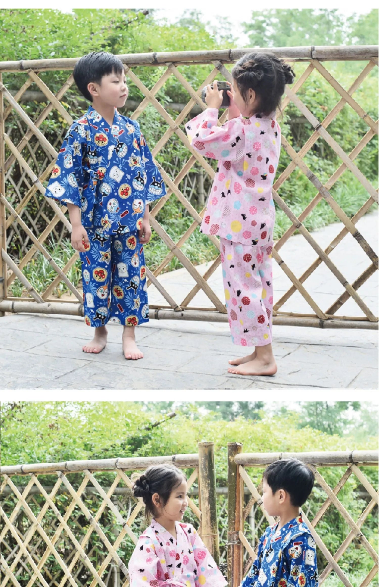 Pink cotton girls pajama set with long sleeves and floral ball cat cartoon print