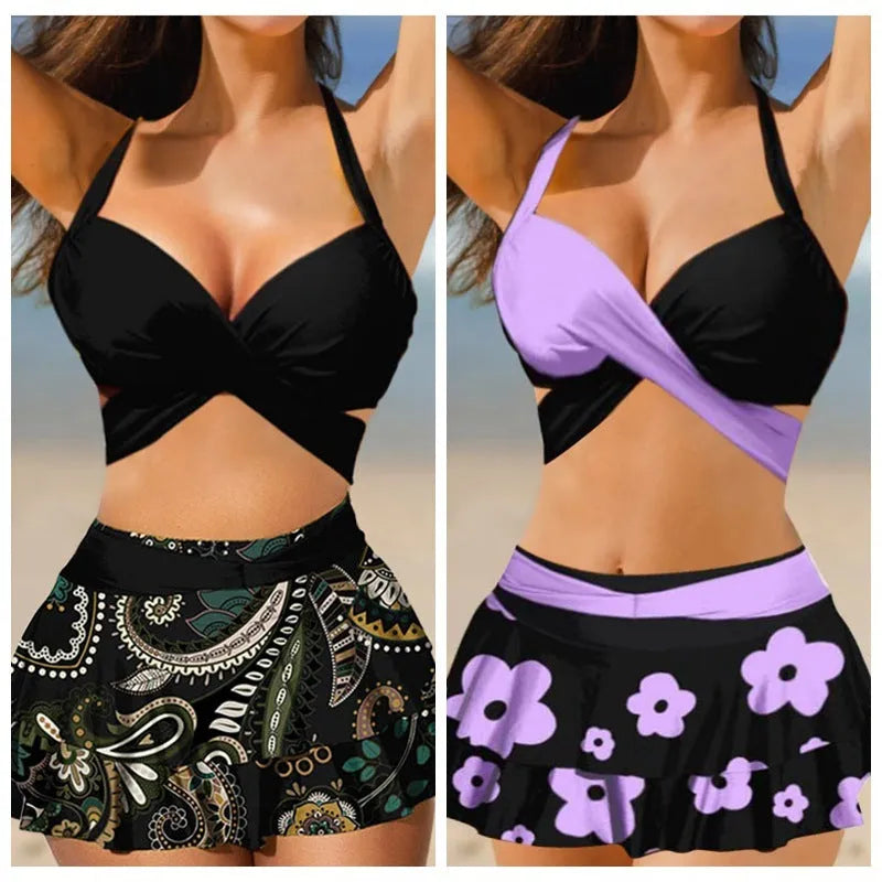 Purple high-waist women's bikini with lace-up top and matching split skirt