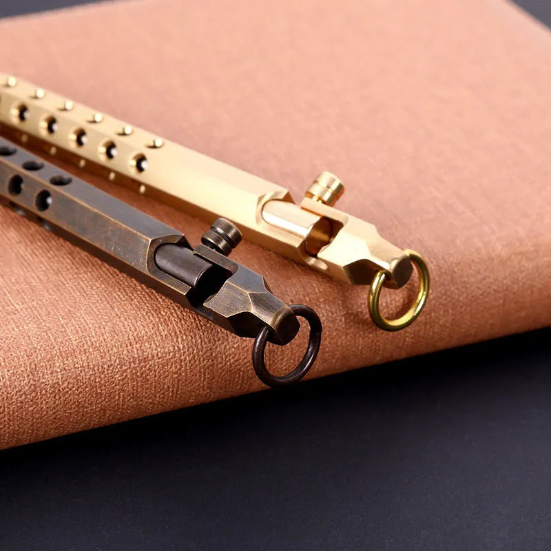 Brass hexagonal bolt rollerball pen with 0.5mm tip showing six-sided barrel design