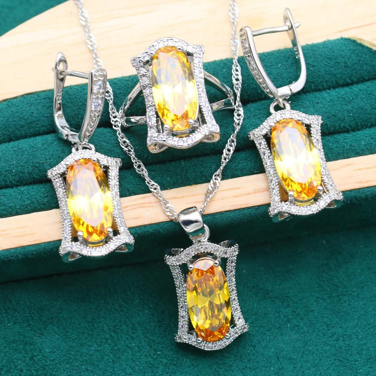 Yellow and olive green anti-allergy alloy jewellery set with zircon stones including necklace, earrings, ring and bracelet