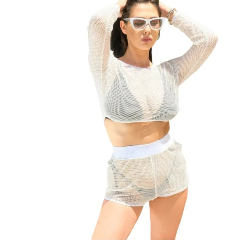 White transparent women's beach swimsuit with sun protection lining and breathable straps