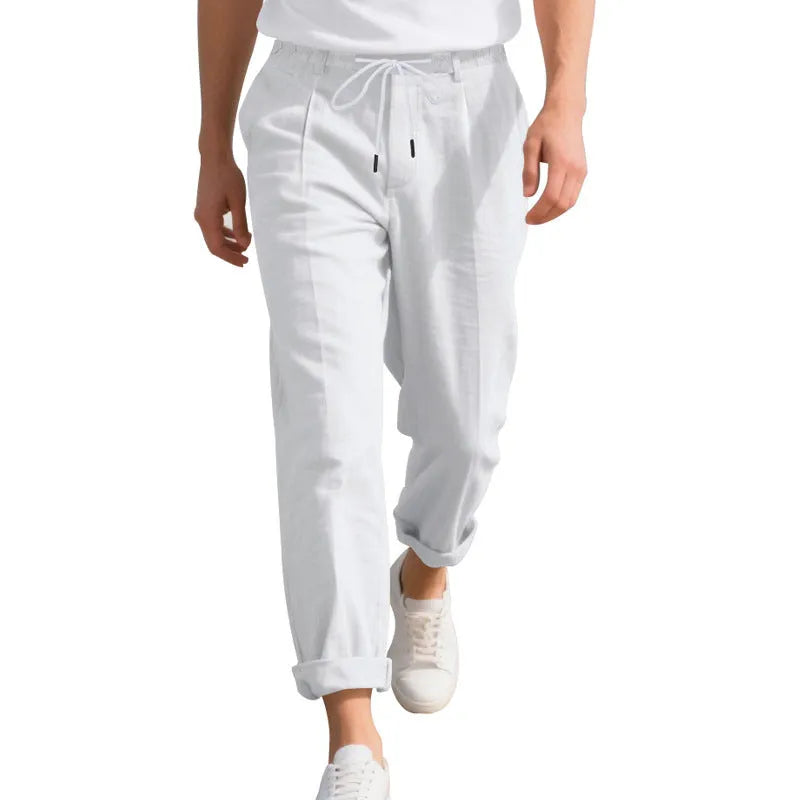Men's casual linen trousers in loose straight-leg style with drawstring waist