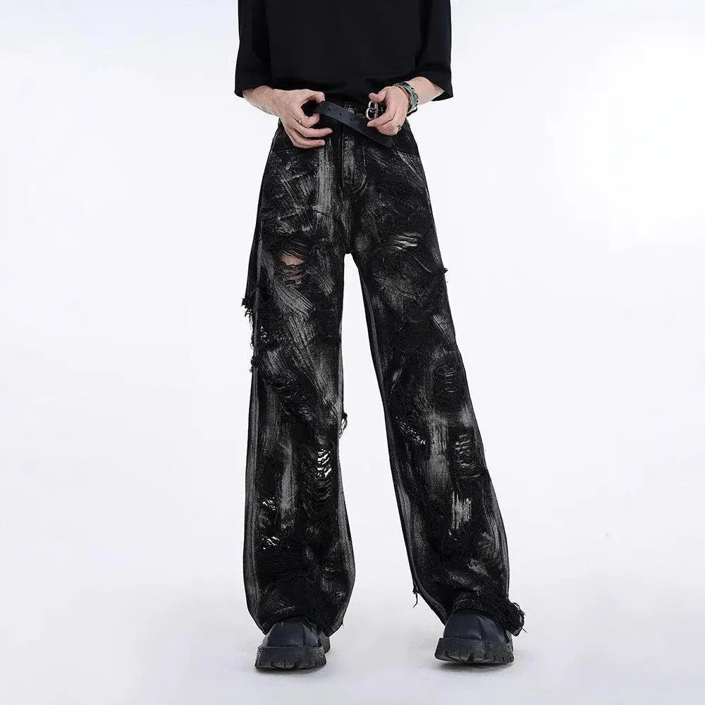 Men's American high-street style denim jeans with graffiti detailing in black and grey pink colour options