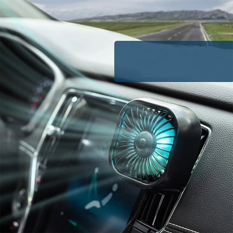 USB car fan with three-speed controls in black colour option showing compact design