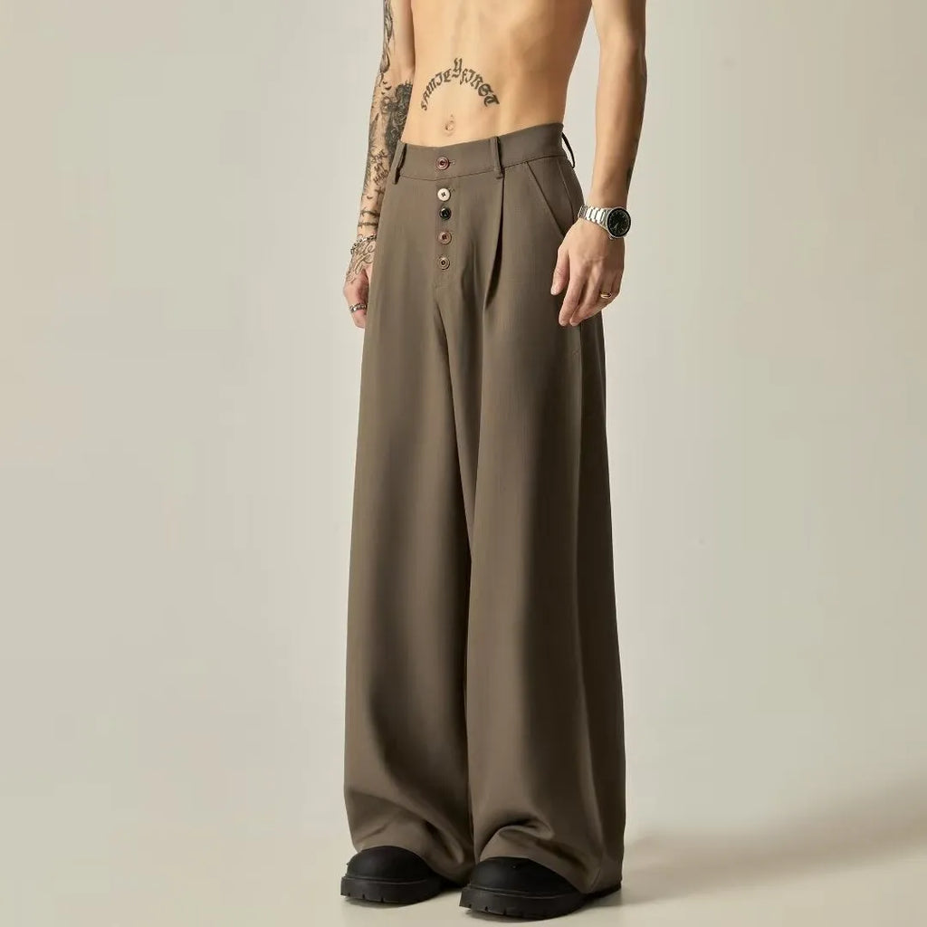 Men's solid colour vertical tube wide-leg casual trousers in black and brown options