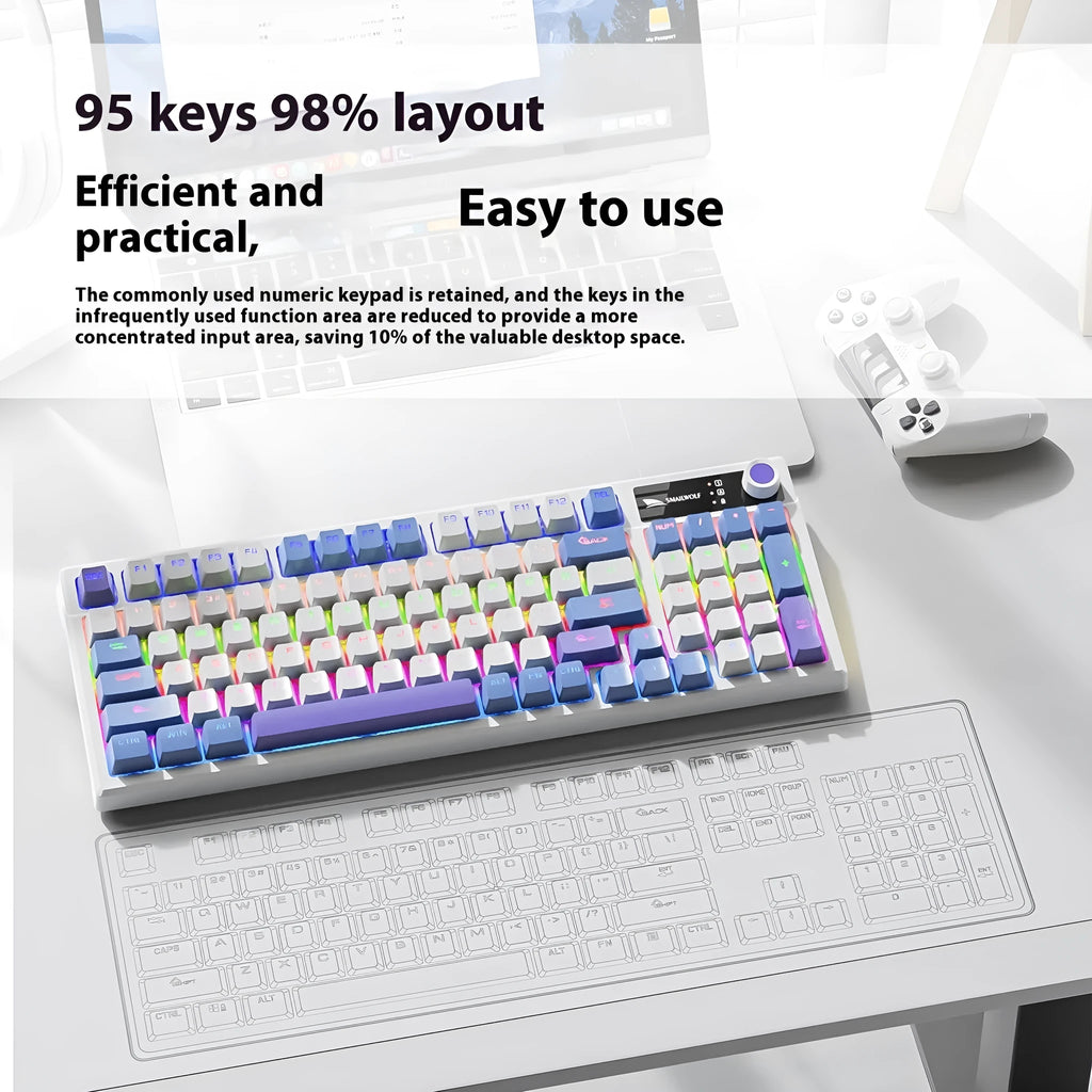 SK15 wired mechanical gaming keyboard with control knob in Autumn Water Blue colour on a desk.