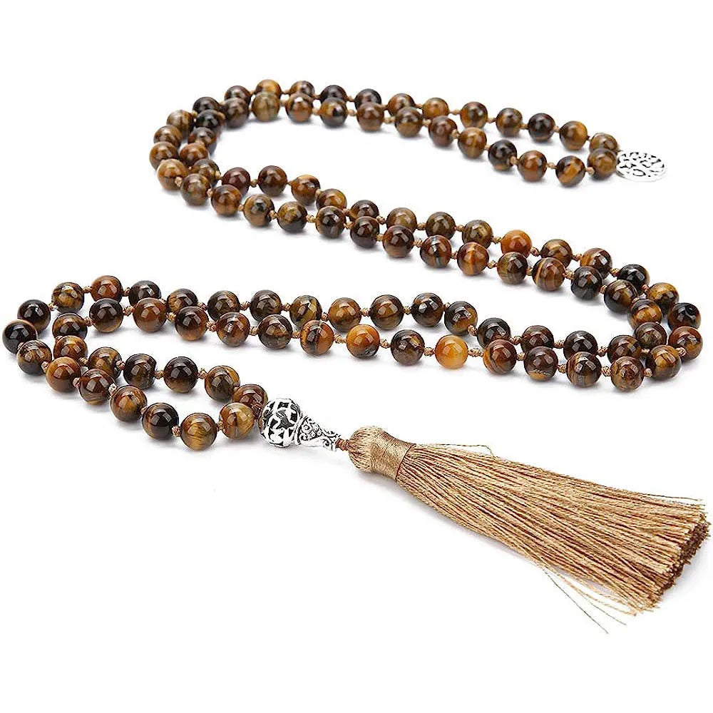 Handmade long beaded necklace with 108 natural stone pendants on a knotted cord.