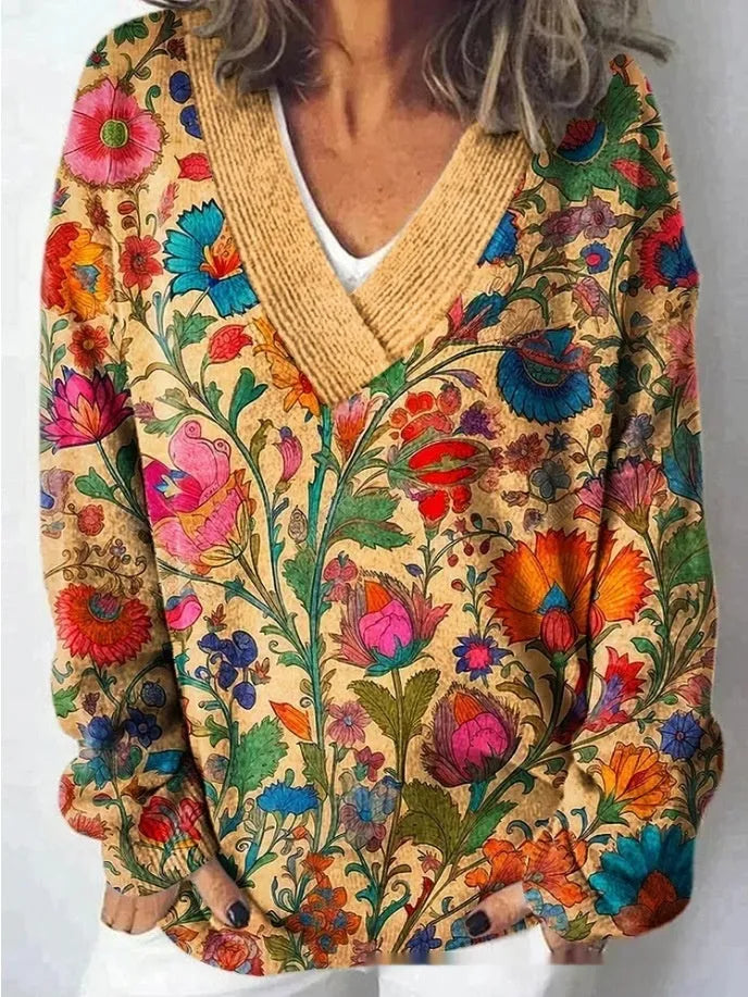 Women's V-neck long sleeve sweatshirt with a 3D printed floral pattern in a retro art style