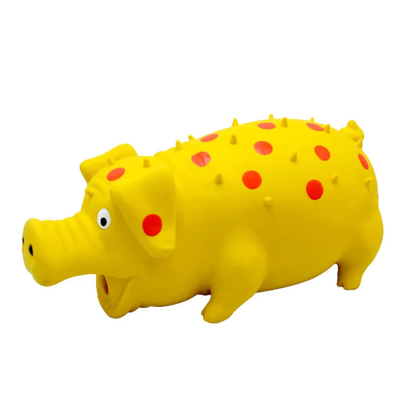 Blue pig-shaped latex dog chew toy with textured surface on a white background.