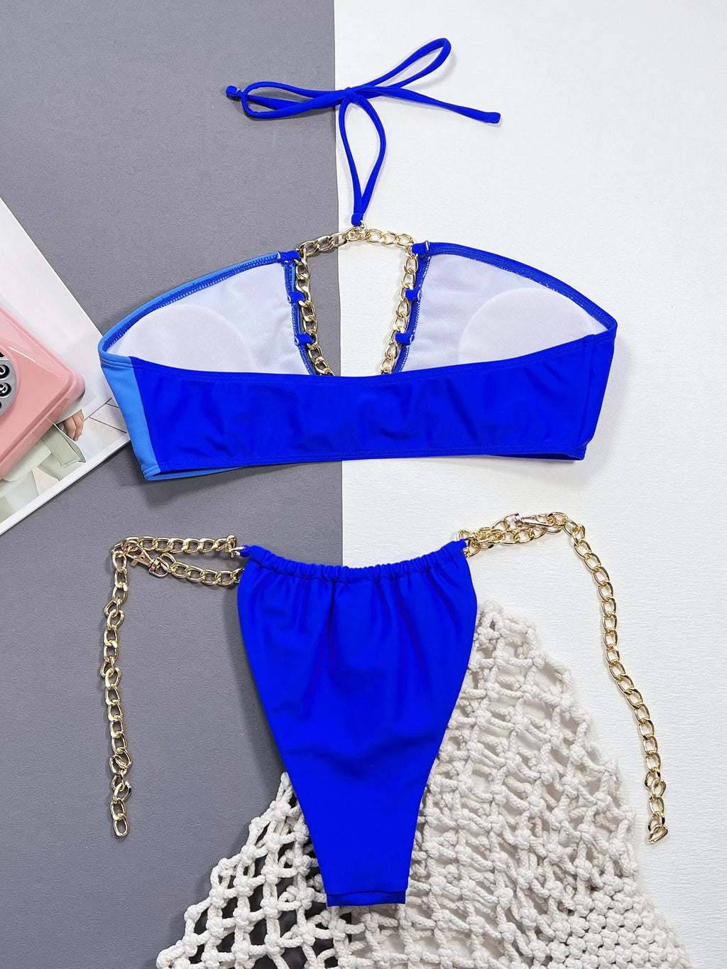 Blue solid colour women's nylon bikini swimsuit set with split style design