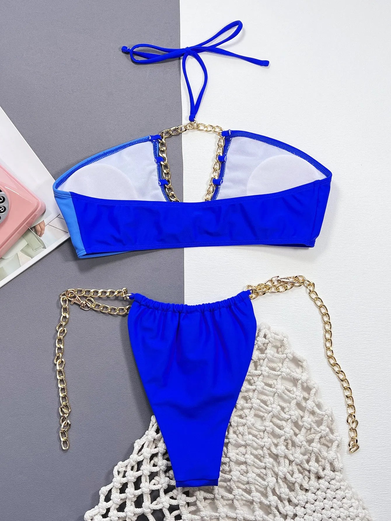 Blue solid colour women's nylon bikini swimsuit set with split style design