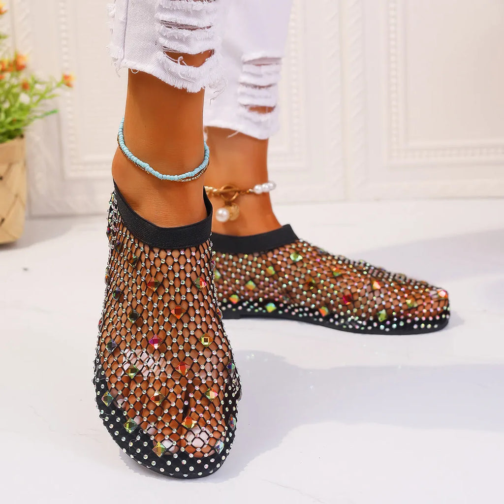 Women's mesh flat sandals with colourful rhinestone decoration on round toe design