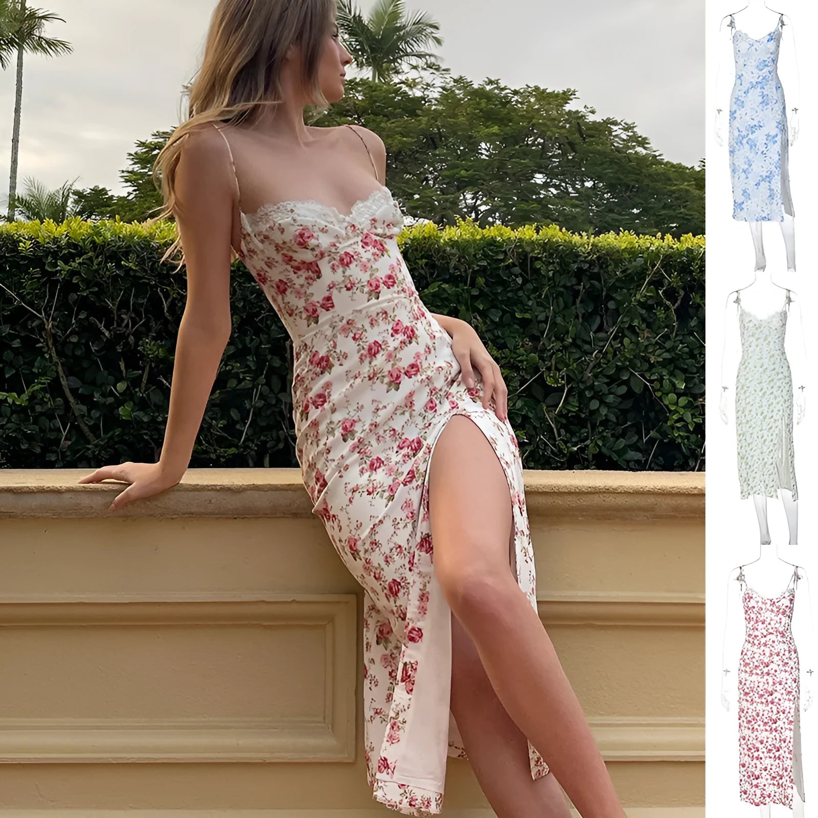 Women's lace flowers print long dress with suspender straps and side slit in solid colour