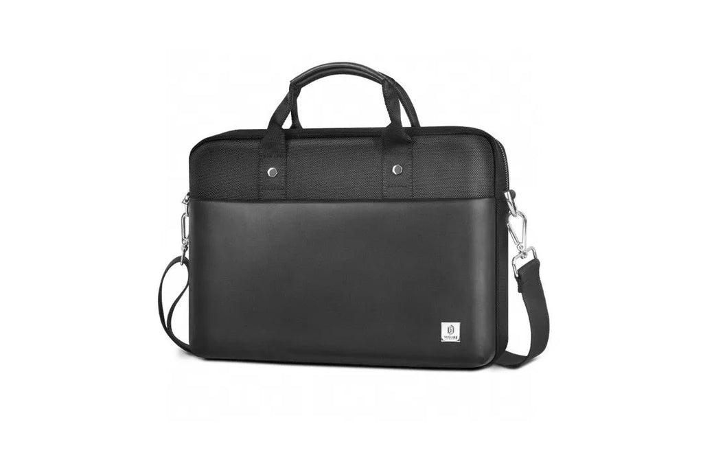 Black Oxford cloth laptop backpack showing multiple compartments and lock feature.