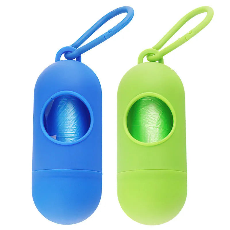 Small black dog poop bags holder with side hook and Velcro strap for attaching to leads or clothing.