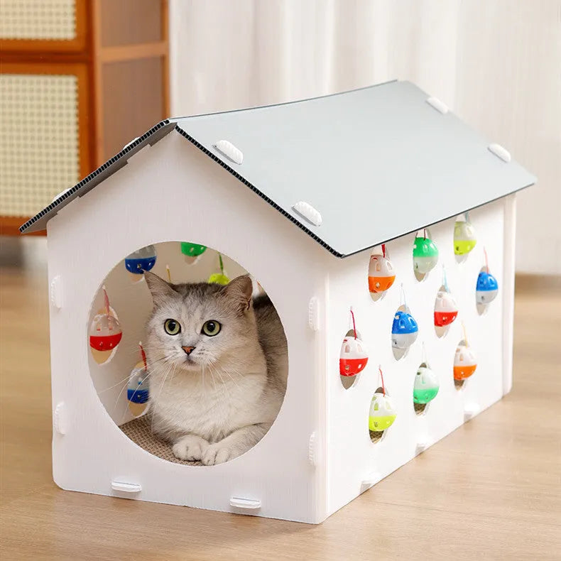 Plastic cat scratch board integrated with nest section and bell ball tunnel toy