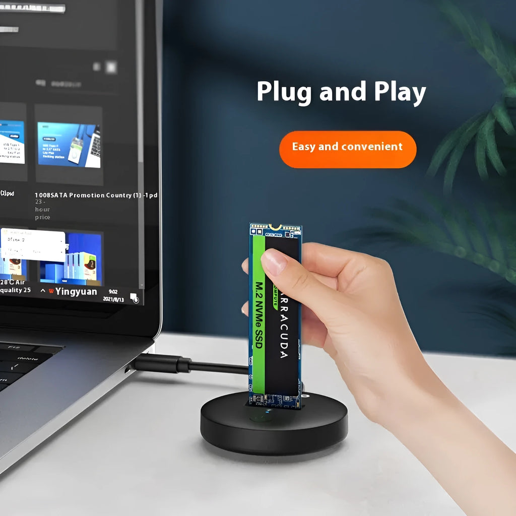 Black external USB-C NVMe SSD enclosure for M.2 drives with 10Gbps transfer speed