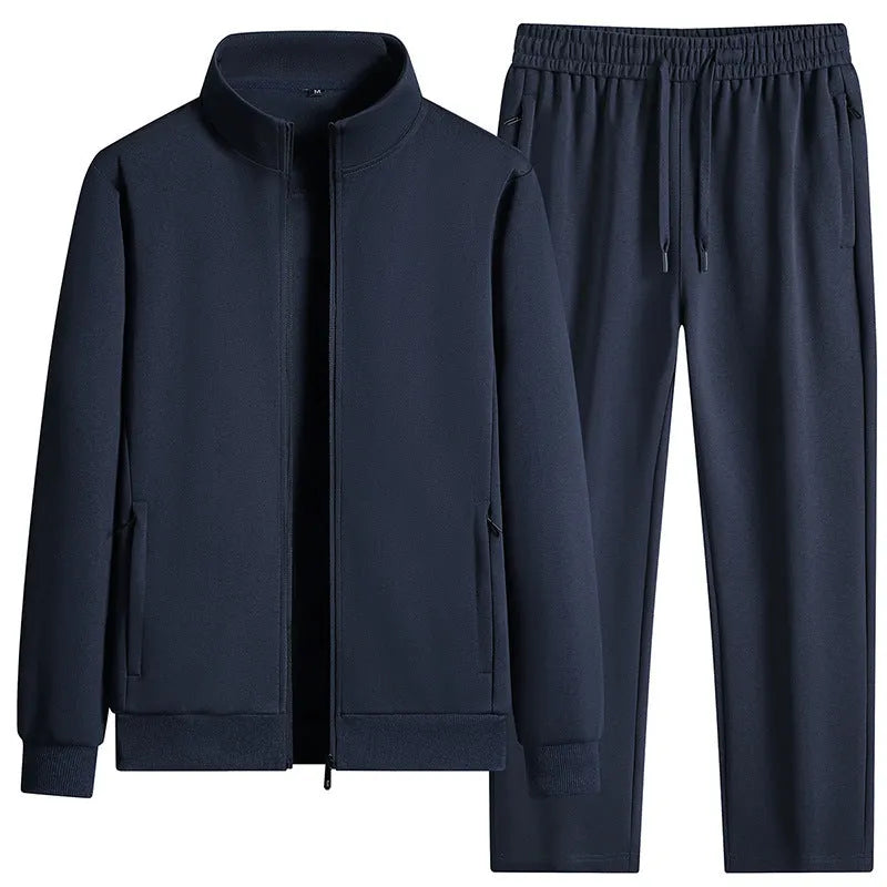 Pure cotton solid colour leisure sports suit set with long sleeve top and trousers in black, blue, and gray regular fit