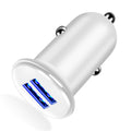 White LED dual USB car charger with electroplated finish, 50x28x28mm, for smartphone and tablet charging