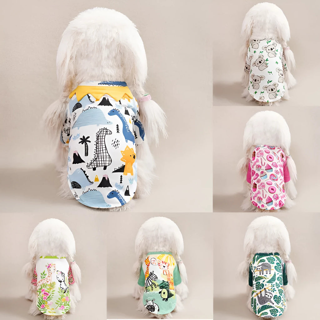 Printed polyester casual t-shirt for small dogs with full graphic design showing colour variants and size options