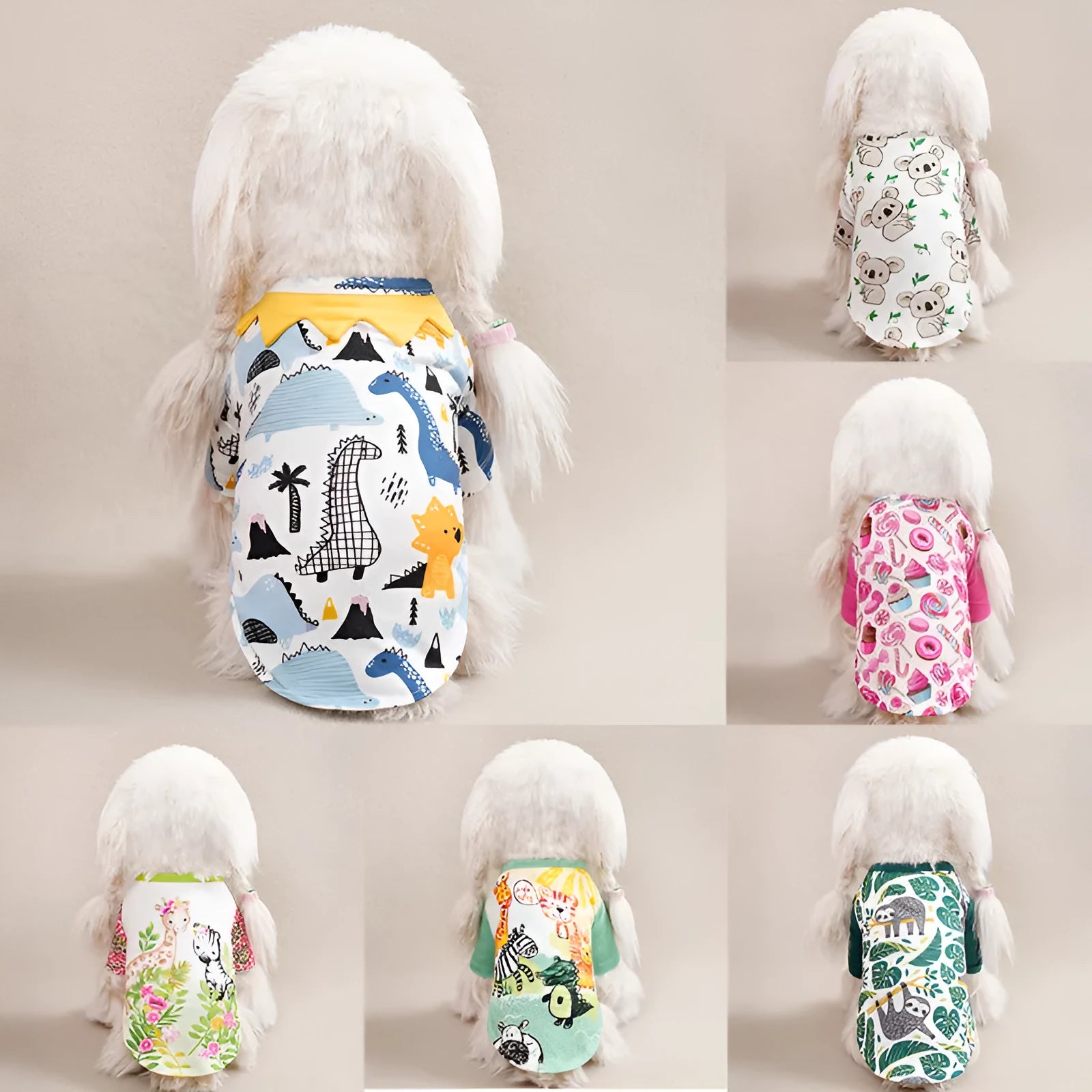 Printed polyester casual t-shirt for small dogs with full graphic design showing colour variants and size options
