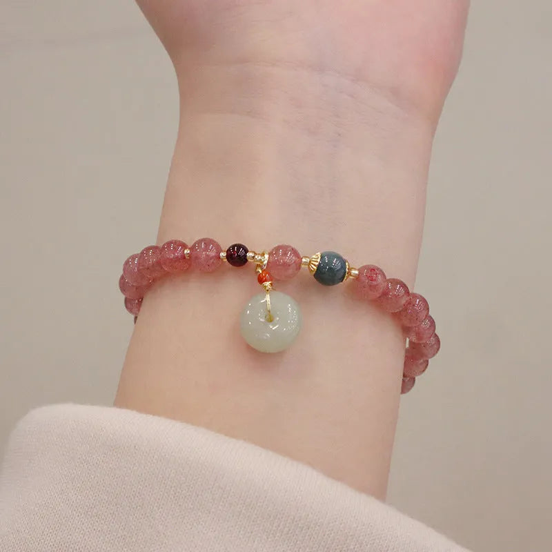 Women's strawberry quartz purse bracelet with geometric shapes and safety buckle