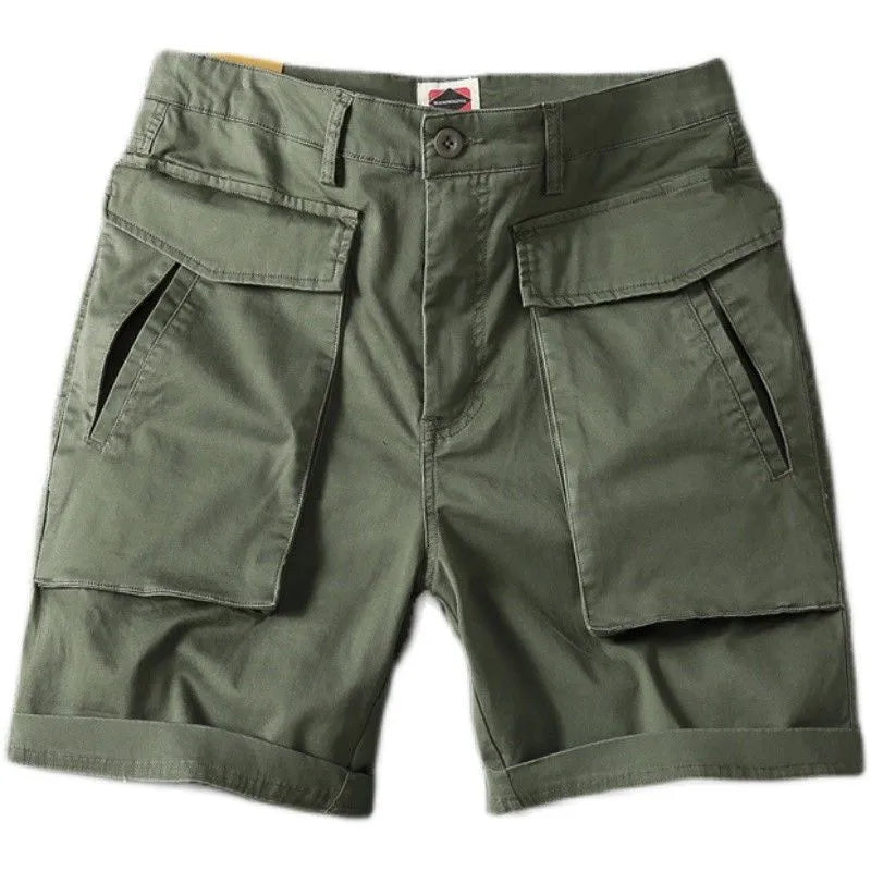 Men's Army Green stretch cotton cargo shorts with multiple pockets on a straight leg.