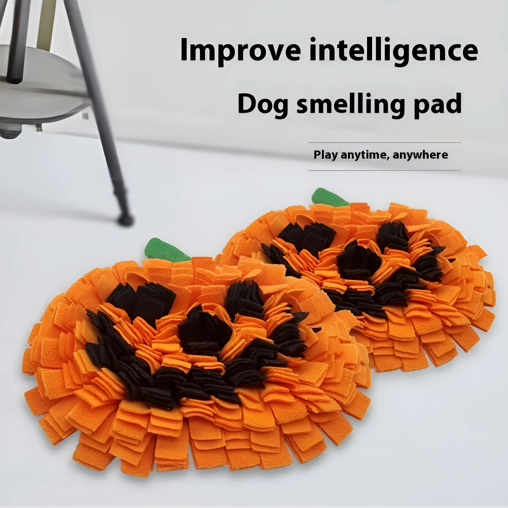 Orange pumpkin-shaped pet smell mat on flat surface showing polar fleece texture