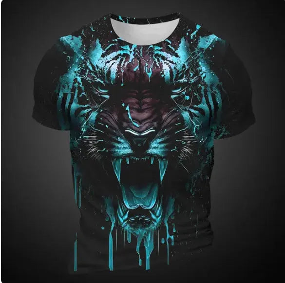 Men's 3D tiger pattern T-shirt in polyester with short sleeves