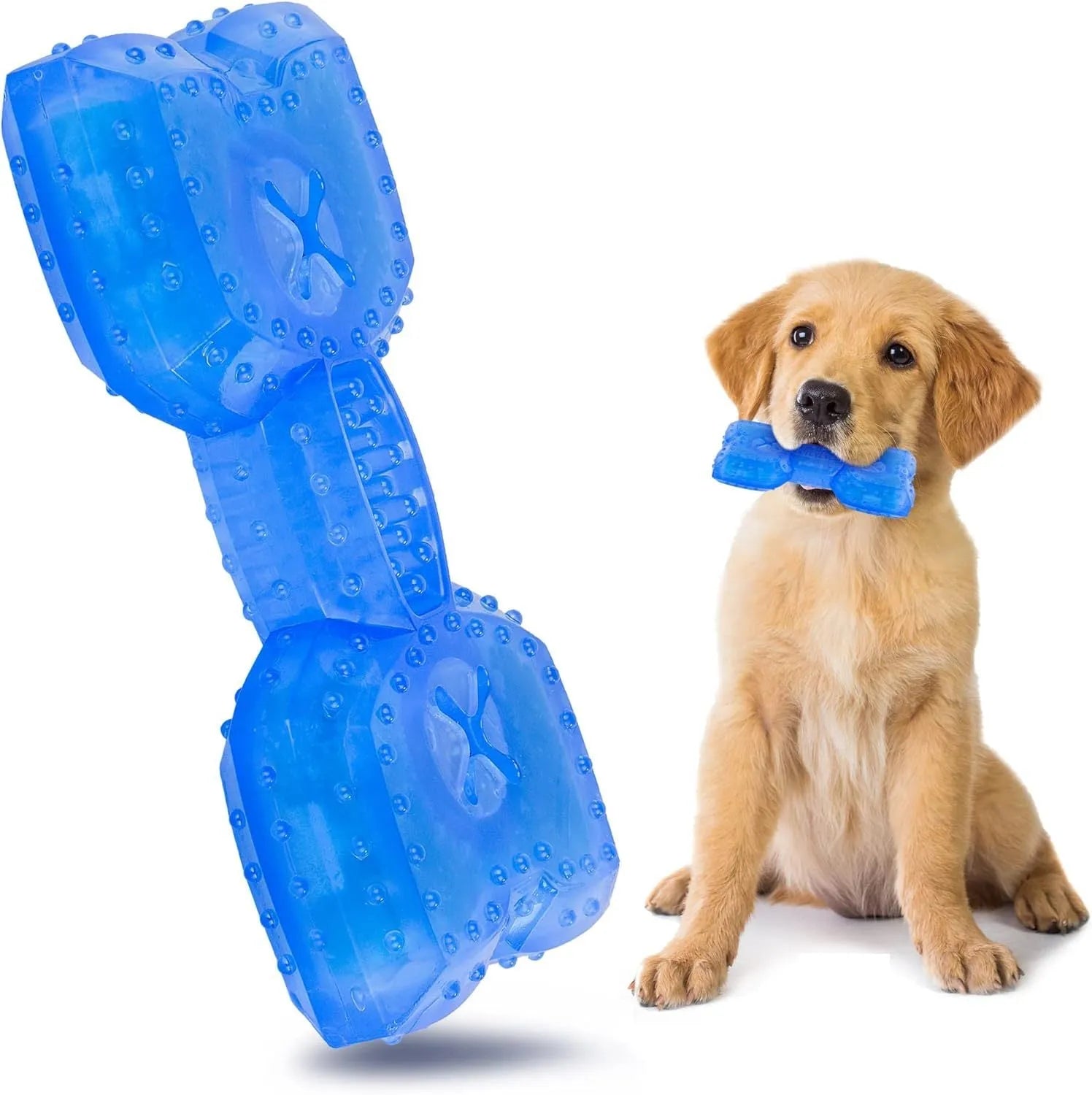 Freezable dog cooling chew toy in bone and circle shapes for teething puppies and anxiety relief.