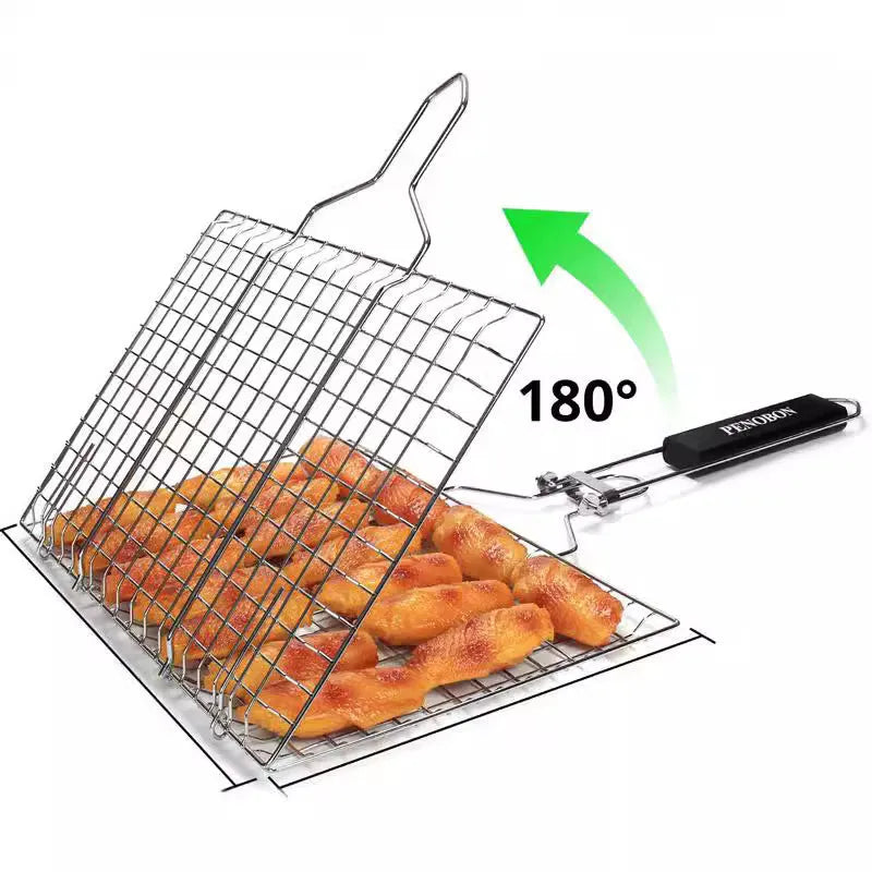 Square stainless steel folding barbecue mesh basket with a cleaning brush