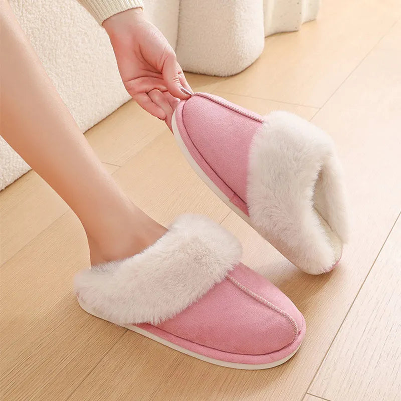 Women's indoor plush slippers in round-toe design with cotton upper and PVC anti-slip soles