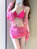 Women's blue high waist bikini four-piece swimsuit set with shirt, bra, underwear and skirt components