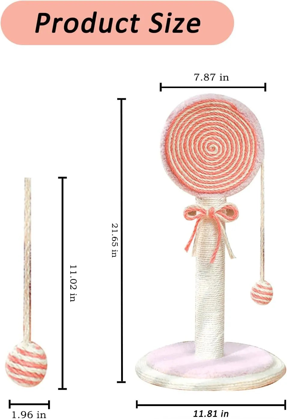 Blue cat scratching post made of natural sisal rope with a hanging ball toy on a sturdy wooden base.