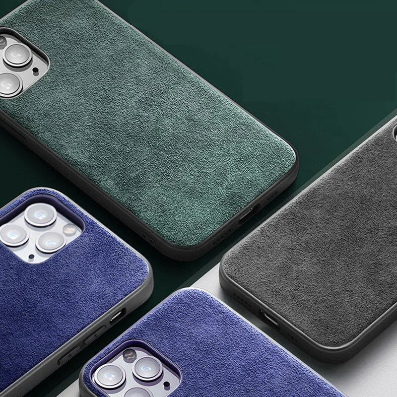 Suede iPhone phone case in dark blue colour showing back cover design