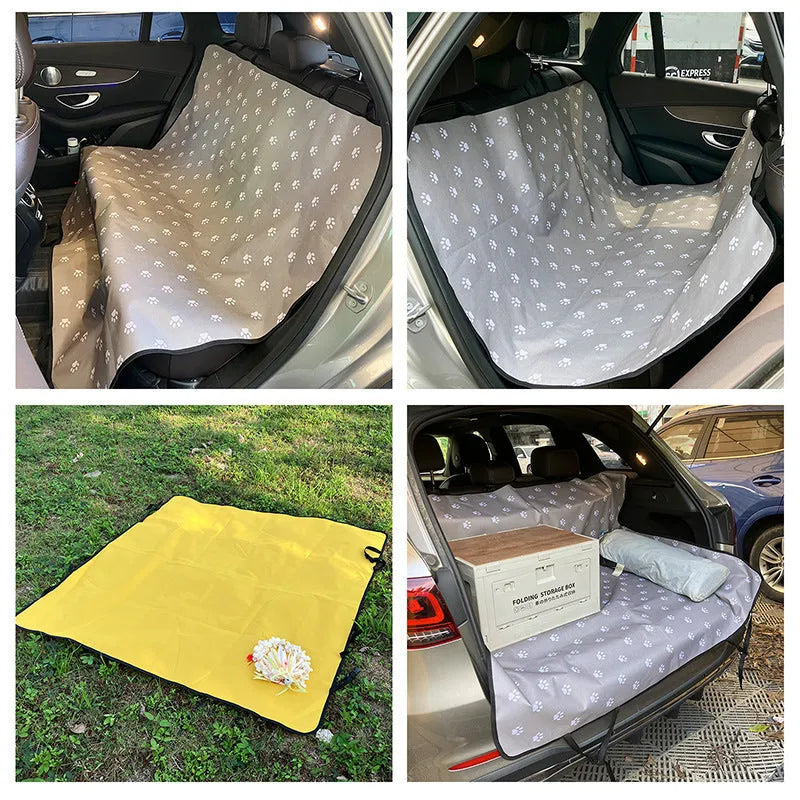 Water-resistant cloth car pet mat for rear seats with dog paw print design.